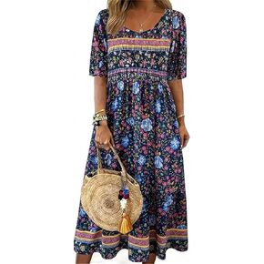 نساء بوهو فستان الصيف غير الرسمي 2025 قصيرة الأكمام فضفاضة ملائمة الأزهار ماكسي فستان تدفق شاطئ خمر صعد الأرجواني الأزهار ل in Kuwait