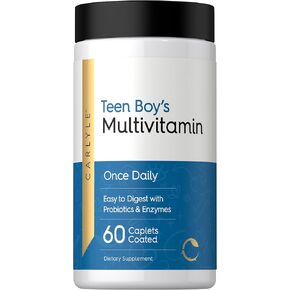 Carlyle Teen Multivitamin for Boys | 60 Caplets | Once Daily | Easy to Digest with Probiotics & Enzymes | with Iron | Non-GMO, Gluten Free in Kuwait
