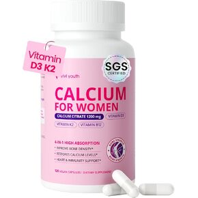 Calcium Supplements for Women - 4-in-1 Calcium 1200 mg with Vitamin D3 K2, B12 - High Absorption Calcium Citrate & Carbonate for Bone Density & Strength, Non-GMO, 120 Vegan Capsules in Saudi Arabia