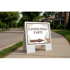 Easter Pizza Party Easter Spring Vintage Chicks Eggs Basket Brown Directional Arrows A-Frame Double Sided 23x23 in. sign in Kuwait