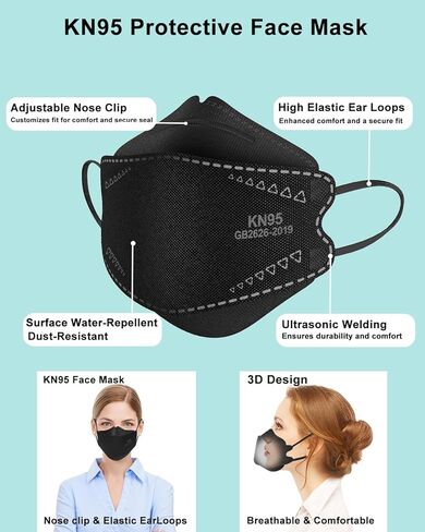 KN95 Face Masks Black for Adults, Individually Wrapped, Breathable Disposable KN95 Mask with Elastic Ear Loop in Saudi Arabia