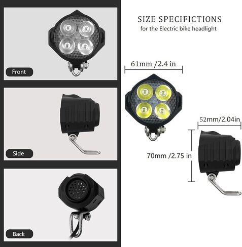 مصباح أمامي LED من Ebike 2 دبوس أنثى موصل مقاوم للماء فائق السطوع 12 وات 300 لوكس عالي السطوع ليلاً لركوب الخيل ضوء أمامي للدراجة الجبلية 48 فولت 36 فولت، دراجة قابلة للطي وسكوتر إلكتروني in Saudi Arabia