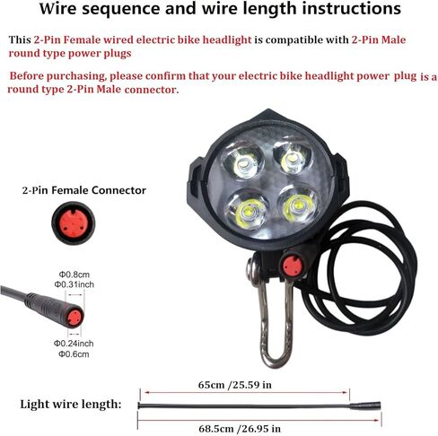 مصباح أمامي LED من Ebike 2 دبوس أنثى موصل مقاوم للماء فائق السطوع 12 وات 300 لوكس عالي السطوع ليلاً لركوب الخيل ضوء أمامي للدراجة الجبلية 48 فولت 36 فولت، دراجة قابلة للطي وسكوتر إلكتروني in Saudi Arabia