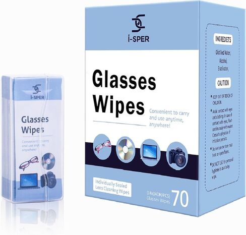 I-sper 70 قطعة مناديل مبللة للنظارات، مناديل تنظيف عدسات النظارات، مبللة مسبقًا، سريعة الجفاف، فردية، مغلفة بصندوق حمل مناسب لجميع شاشات النظارات والإلكترونيات in Kuwait