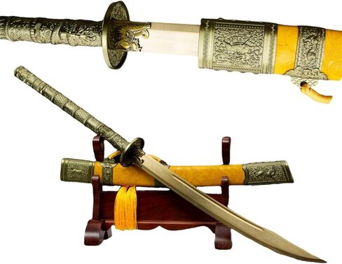 سيف LOONGSWORD Kangxi Dao 40.75 بوصة | شفرة فولاذية منغنيز عالية اللون ذهبية اللون مزورة يدويًا | غمد خشب من الجلد الصناعي الأصفر | نمط أسرة تشينغ | فنون الدفاع عن النفس وسيف العرض in Kuwait