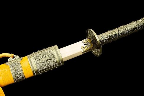 سيف LOONGSWORD Kangxi Dao 40.75 بوصة | شفرة فولاذية منغنيز عالية اللون ذهبية اللون مزورة يدويًا | غمد خشب من الجلد الصناعي الأصفر | نمط أسرة تشينغ | فنون الدفاع عن النفس وسيف العرض in Kuwait