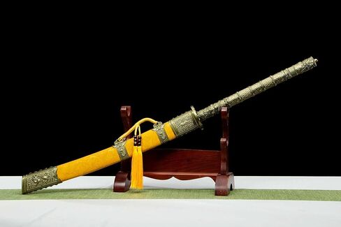سيف LOONGSWORD Kangxi Dao 40.75 بوصة | شفرة فولاذية منغنيز عالية اللون ذهبية اللون مزورة يدويًا | غمد خشب من الجلد الصناعي الأصفر | نمط أسرة تشينغ | فنون الدفاع عن النفس وسيف العرض in Kuwait