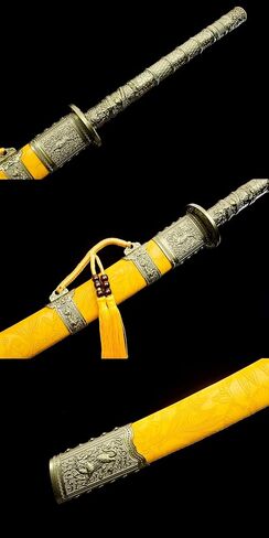 سيف LOONGSWORD Kangxi Dao 40.75 بوصة | شفرة فولاذية منغنيز عالية اللون ذهبية اللون مزورة يدويًا | غمد خشب من الجلد الصناعي الأصفر | نمط أسرة تشينغ | فنون الدفاع عن النفس وسيف العرض in Kuwait