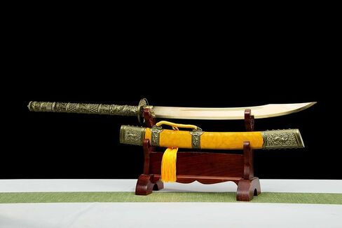 سيف LOONGSWORD Kangxi Dao 40.75 بوصة | شفرة فولاذية منغنيز عالية اللون ذهبية اللون مزورة يدويًا | غمد خشب من الجلد الصناعي الأصفر | نمط أسرة تشينغ | فنون الدفاع عن النفس وسيف العرض in Kuwait