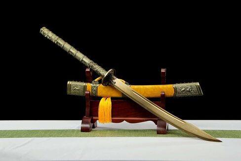 سيف LOONGSWORD Kangxi Dao 40.75 بوصة | شفرة فولاذية منغنيز عالية اللون ذهبية اللون مزورة يدويًا | غمد خشب من الجلد الصناعي الأصفر | نمط أسرة تشينغ | فنون الدفاع عن النفس وسيف العرض in Kuwait