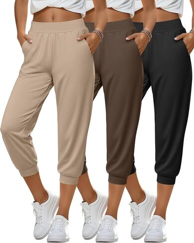 3 Pack Women's Capri Joggers High Waisted Workout Cropped Sweatpants Athletic Running Capri Pants with Pockets in Saudi Arabia
