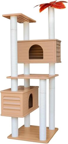 64 Inches Tall Outdoor Weatherproof Multi-Level Cat Tree, Two Cat Condo with PVC Board and Cat Scratching Posts, for Outside and Indoor Cat Houses in Kuwait