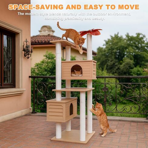 64 Inches Tall Outdoor Weatherproof Multi-Level Cat Tree, Two Cat Condo with PVC Board and Cat Scratching Posts, for Outside and Indoor Cat Houses in Kuwait