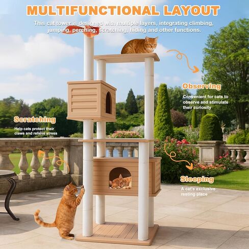 64 Inches Tall Outdoor Weatherproof Multi-Level Cat Tree, Two Cat Condo with PVC Board and Cat Scratching Posts, for Outside and Indoor Cat Houses in Kuwait