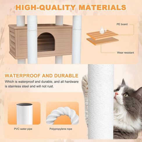 64 Inches Tall Outdoor Weatherproof Multi-Level Cat Tree, Two Cat Condo with PVC Board and Cat Scratching Posts, for Outside and Indoor Cat Houses in Kuwait