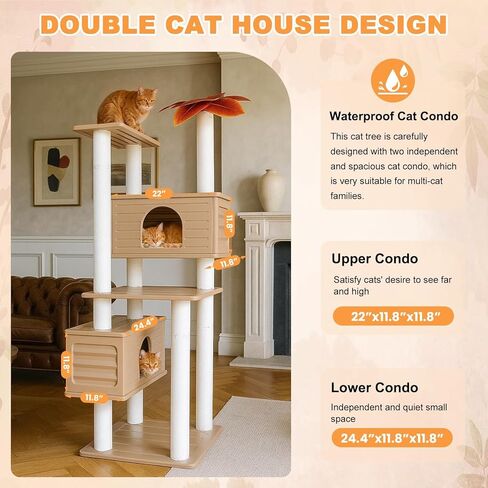 64 Inches Tall Outdoor Weatherproof Multi-Level Cat Tree, Two Cat Condo with PVC Board and Cat Scratching Posts, for Outside and Indoor Cat Houses in Kuwait