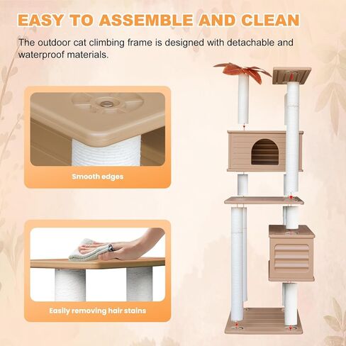 64 Inches Tall Outdoor Weatherproof Multi-Level Cat Tree, Two Cat Condo with PVC Board and Cat Scratching Posts, for Outside and Indoor Cat Houses in Kuwait