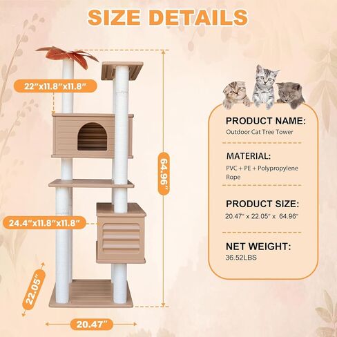 64 Inches Tall Outdoor Weatherproof Multi-Level Cat Tree, Two Cat Condo with PVC Board and Cat Scratching Posts, for Outside and Indoor Cat Houses in Kuwait