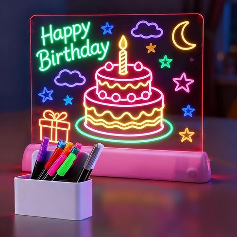 Wire Free Acrylic LED Drawing Board for Kids - 11.8x9.8in Battery Powered Light Up Note Doodle Board with 7 Colors 4 Modes/Secure Base/12 Pens/Holder, Girls Christmas Stocking Stuffer Gifts, Pink in Saudi Arabia