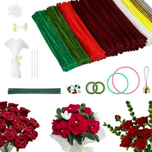 beanicus 600 PCS Christmas Pipe Cleaners Craft, Pipe Cleaners Flowers Kit, Christmas Ornament DIY Chenille Stems, Green and Red Pipe Cleaners, Valentines Day Rose Kit, Xmas Decoration in Saudi Arabia