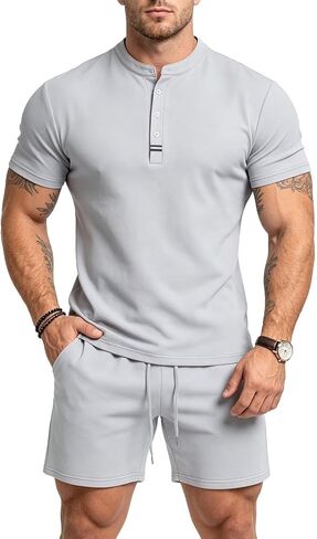 VahRuta Mens 2025 Summer Outfits Henley Shirt and Short Sets 2 Piece Sets Comfy and Soft Vacation Pajamas Set in Kuwait