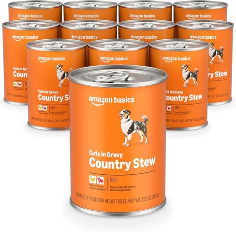Amazon Basics Wet Dog Food Variety Pack, Bacon Cheeseburger Flavor and Country Stew Flavor, 13.2 Oz, Pack of 12 in Kuwait