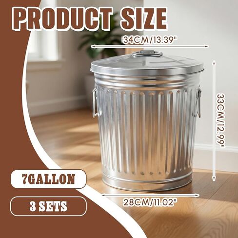 Lounsweer 3 Pack 7 Gallon Galvanized Trash Can with Lid, Equipped with Two Handles for Carrying, Small Metal Trash Can with Lid for Backyard, Lawn, Garden and Yard, Livestock Food, Charcoal, Ice Melt in Saudi Arabia
