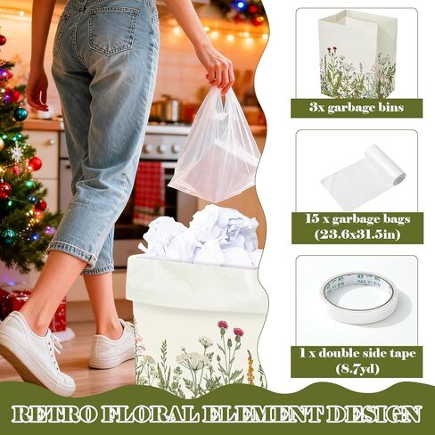 Whaline 3 Pack Wildflower Disposable Trash Cans Vintage Floral Portable Cardboard Garbage Bin with 15 White Trash Bags for Spring Home Kitchen Party in Saudi Arabia