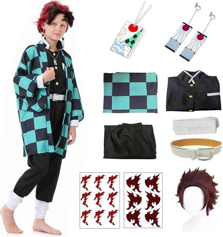 Anime Kimono Costumes Men Boys Halloween Cosplay Green Outfits Cape Festival Uniform Dress Up with Wig in Saudi Arabia
