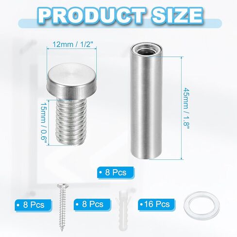 PATIKIL 1/2" x 2" Standoff Screws, 8 Pack Stainless Steel Wall Mount Sign Standoffs Mounting Hardware Advertising Nail for Hanging Acrylic Picture Frame, Silver in Saudi Arabia