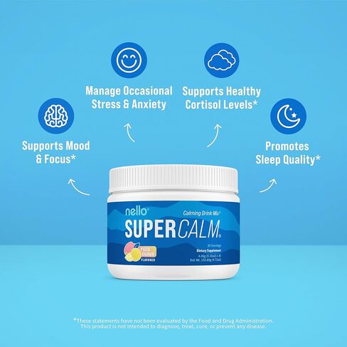 Nello Supercalm Powdered Drink Mix, Yuzu Guava, L Theanine, Ksm-66 Ashwagandha, Magnesium Glycinate, Vitamin D 3, Supplements for Relaxation & Focus, No Sugar, Non GMO, On The Go, 30 Srvgs in Saudi Arabia