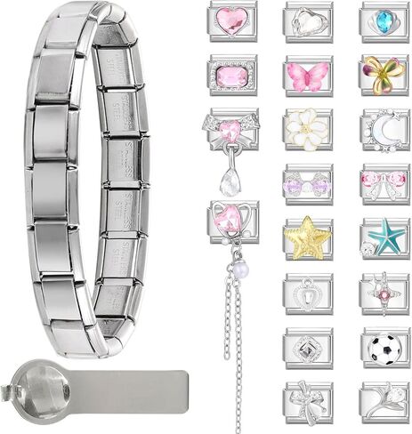 papasgix Italian Charm Bracelet Silver Set with 1pc Starter Brascelet 20pcs Assorted Charms 1pc Opening Tool 9mm Modular Italian Charm Bracelet Links Handmade DIY Jewelry in Kuwait