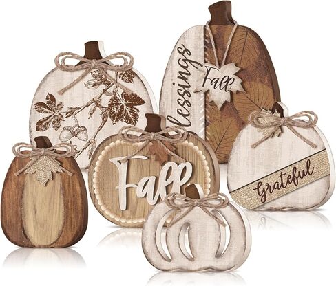 6 Pcs Fall Pumpkin Table Decor Neutral Pumpkin Block Wooden Signs Thanksgiving Wood Tiered Tray Decor Farmhouse Table Centerpiece for Autumn Thanksgiving Home Office Decorations in Saudi Arabia