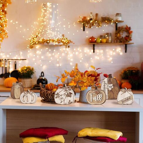 6 Pcs Fall Pumpkin Table Decor Neutral Pumpkin Block Wooden Signs Thanksgiving Wood Tiered Tray Decor Farmhouse Table Centerpiece for Autumn Thanksgiving Home Office Decorations in Saudi Arabia