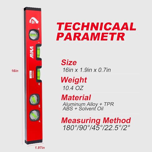 مستوى طوربيد 16 بوصة من VNW - 5 فقاعات عالية الوضوح 2 درجة/22.5 درجة/45 درجة/90 درجة/180 درجة، أداة مستوى مع أغطية نهائية مطاطية وجسم من الألومنيوم، نافذة عرض مسطحة لقياسات المنزل الخارجية in Kuwait