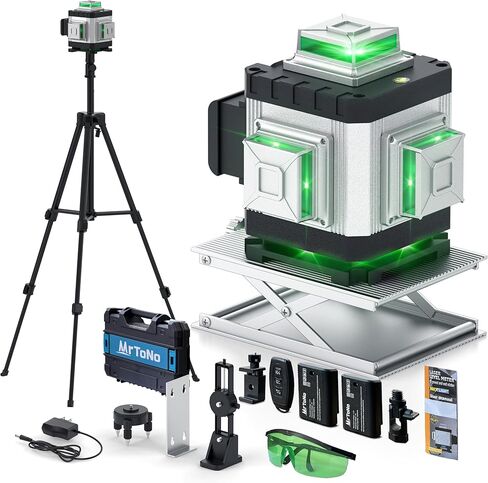مستوى الليزر، MrToNo 4 × 360 درجة مستوى ليزر 360 درجة تسوية ذاتية، 16 خطًا أداة تسوية ليزر 4D مستوى ليزر أخضر 360 درجة، للبناء والسقف والبلاط والتأطير وتجديد المنزل وتعليق الصور (فضي) in Saudi Arabia
