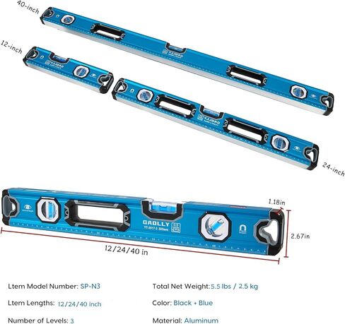 3-Piece Spirit Level Set (12", 24", 40"), Level Set with Magnetic Torpedo, 45°/90°/180°Bubbles Measuring, Aluminium Alloy Levels, Open Top View Design in Kuwait