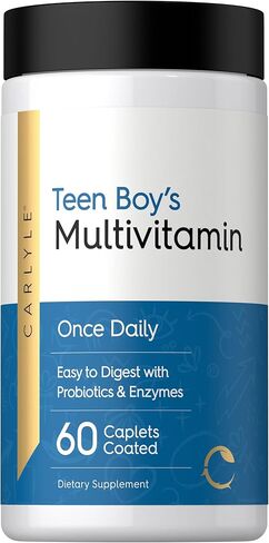 Carlyle Teen Multivitamin for Boys | 60 Caplets | Once Daily | Easy to Digest with Probiotics & Enzymes | with Iron | Non-GMO, Gluten Free in Saudi Arabia