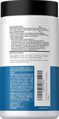 Carlyle Teen Multivitamin for Boys | 60 Caplets | Once Daily | Easy to Digest with Probiotics & Enzymes | with Iron | Non-GMO, Gluten Free in Saudi Arabia