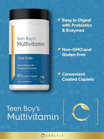 Carlyle Teen Multivitamin for Boys | 60 Caplets | Once Daily | Easy to Digest with Probiotics & Enzymes | with Iron | Non-GMO, Gluten Free in Saudi Arabia