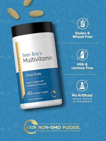 Carlyle Teen Multivitamin for Boys | 60 Caplets | Once Daily | Easy to Digest with Probiotics & Enzymes | with Iron | Non-GMO, Gluten Free in Saudi Arabia