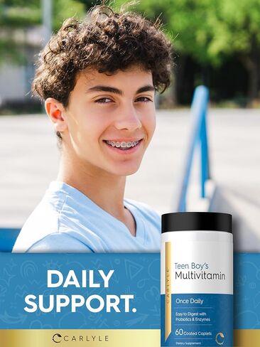 Carlyle Teen Multivitamin for Boys | 60 Caplets | Once Daily | Easy to Digest with Probiotics & Enzymes | with Iron | Non-GMO, Gluten Free in Saudi Arabia