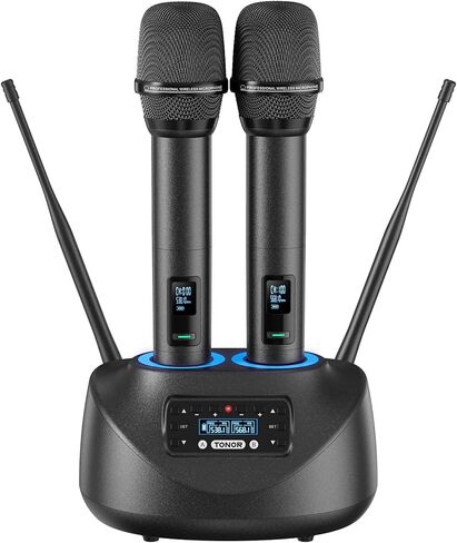 ميكروفونات لاسلكية بلوتوث TONOR، نظام ميكروفون لاسلكي UHF قابل لإعادة الشحن للحفلات المنزلية، معدن مزدوج محمول بطول 260 قدم للكاريوكي المنزلي، الكنيسة، الحفلات، TW-790، أسود in Kuwait