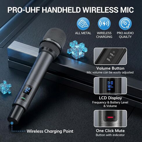 ميكروفونات لاسلكية بلوتوث TONOR، نظام ميكروفون لاسلكي UHF قابل لإعادة الشحن للحفلات المنزلية، معدن مزدوج محمول بطول 260 قدم للكاريوكي المنزلي، الكنيسة، الحفلات، TW-790، أسود in Kuwait