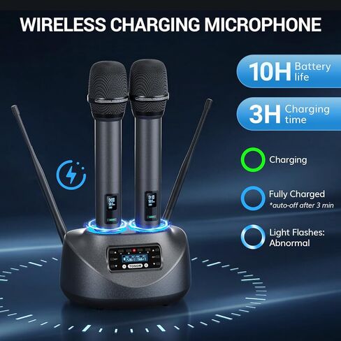 ميكروفونات لاسلكية بلوتوث TONOR، نظام ميكروفون لاسلكي UHF قابل لإعادة الشحن للحفلات المنزلية، معدن مزدوج محمول بطول 260 قدم للكاريوكي المنزلي، الكنيسة، الحفلات، TW-790، أسود in Kuwait