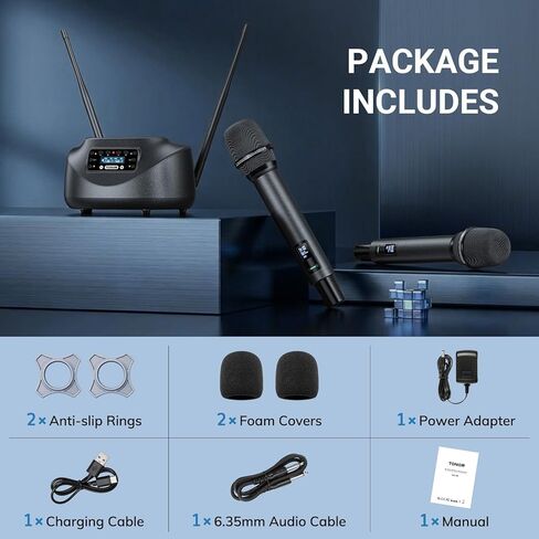 ميكروفونات لاسلكية بلوتوث TONOR، نظام ميكروفون لاسلكي UHF قابل لإعادة الشحن للحفلات المنزلية، معدن مزدوج محمول بطول 260 قدم للكاريوكي المنزلي، الكنيسة، الحفلات، TW-790، أسود in Kuwait