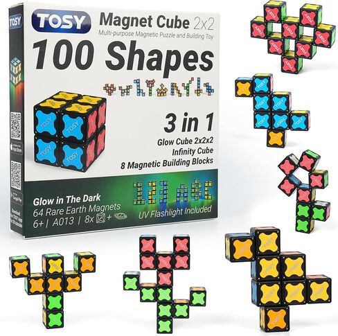 TOSY Magnet Cube 2x2 - 8 Blocks, 2in1 Toy: 2x2x2 Puzzle Cube and Customizable Infinity Cube, Glowing w/ UV Flashlight, Christmas Stocking Stuffers Gift for Kids/Grandkids, STEM Toy, 4-Pack in Kuwait