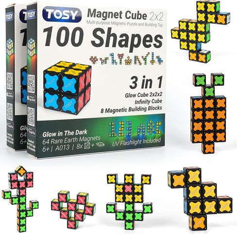TOSY Magnet Cube 2x2 - 8 Blocks، لعبة 2in1: 2x2x2 مكعب أحجية ومكعب إنفينيتي قابل للتخصيص، متوهج مع مصباح يدوي للأشعة فوق البنفسجية، هدية عيد الميلاد للأطفال/الأحفاد، لعبة STEM، 4 عبوات in Kuwait