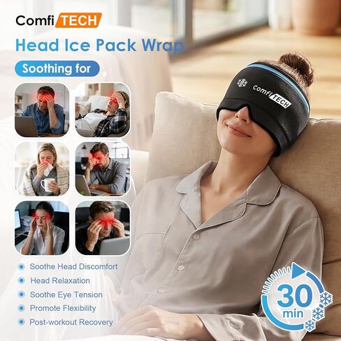 غطاء تخفيف الصداع النصفي ثنائي الجل من كومفي تيك، تبريد ممتد لمدة 30 دقيقة، حزمة باردة قابلة للفصل وقناع وجه جل مرن لرأس الثلج مهدئ للصداع والجيوب الأنفية والعيون المنتفخة والتوتر والإجهاد in Kuwait