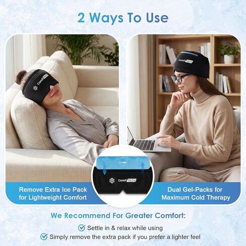 غطاء تخفيف الصداع النصفي ثنائي الجل من كومفي تيك، تبريد ممتد لمدة 30 دقيقة، حزمة باردة قابلة للفصل وقناع وجه جل مرن لرأس الثلج مهدئ للصداع والجيوب الأنفية والعيون المنتفخة والتوتر والإجهاد in Kuwait